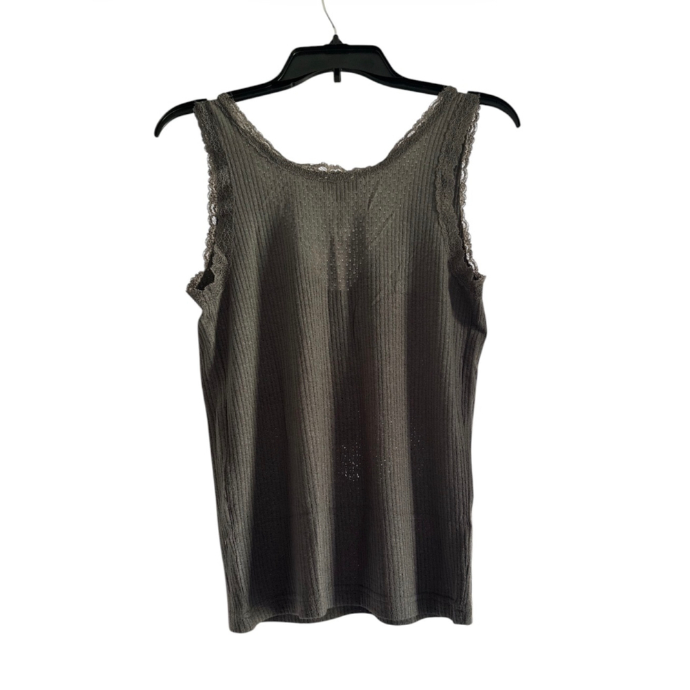 Women's New POL Gray Ribbed Lace Trim Henley Tank Top L - Picture 5 of 8